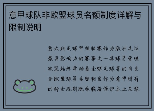 意甲球队非欧盟球员名额制度详解与限制说明